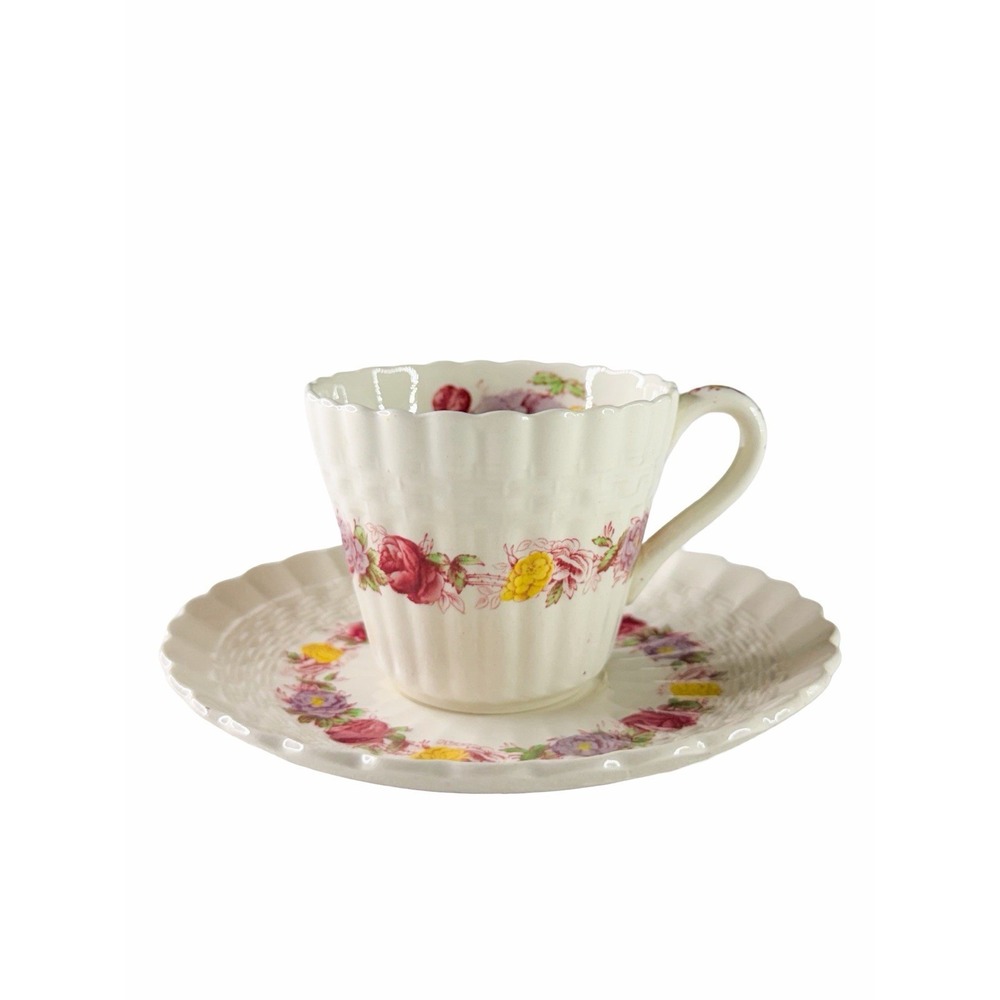 Spode Copeland Rose Briar Tea Cup Saucer Set England Floral Basket Weave Rare - Picture 2 of 13